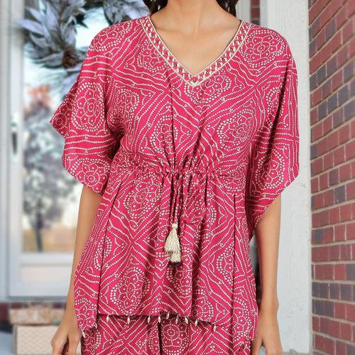 Festive Kaftan Co-Ord Set - Pink Bandhini