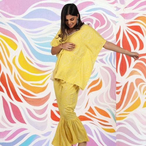 Festive Kaftan Co-Ord Set - Yellow Bandhini