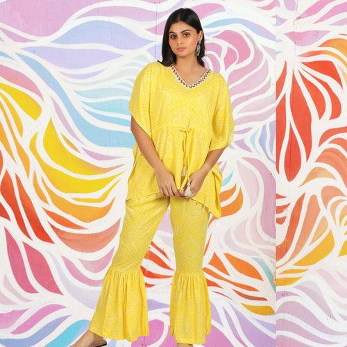 Festive Kaftan Co-Ord Set - Yellow Bandhini