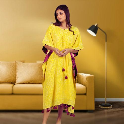 Festive Kaftan Dress - Yellow Bandhini