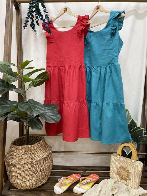 Women's Linen Cotton Teal Brunch Outfits With Ruffle Sleeves-Brunch Dress