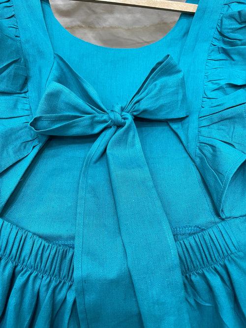 Women's Linen Cotton Teal Brunch Outfits With Ruffle Sleeves-Brunch Dress