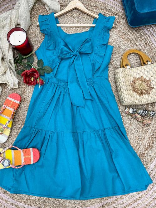 Women's Linen Cotton Teal Brunch Outfits With Ruffle Sleeves-Brunch Dress