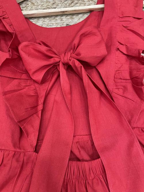 Women's Linen Cotton Red Brunch Outfits With Ruffle Sleeves-Brunch Dress