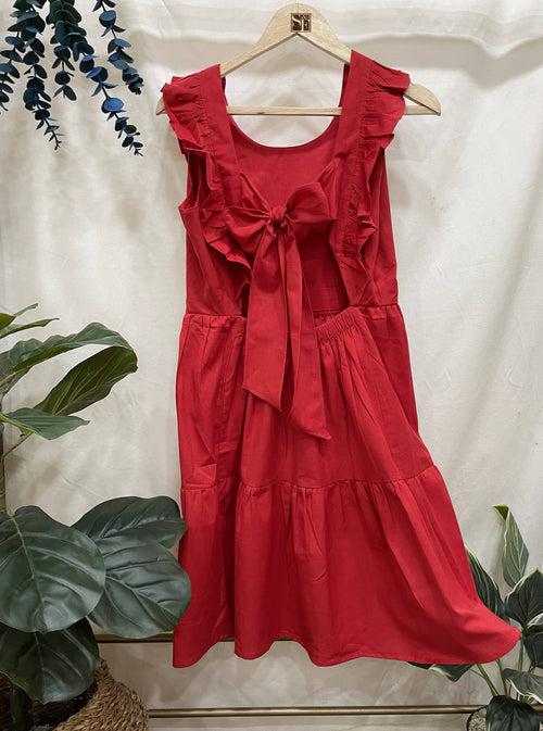 Women's Linen Cotton Red Brunch Outfits With Ruffle Sleeves-Brunch Dress