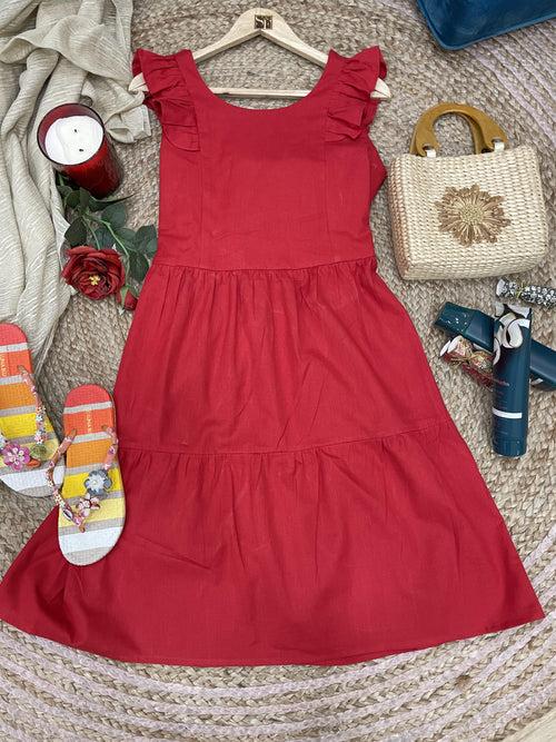 Women's Linen Cotton Red Brunch Outfits With Ruffle Sleeves-Brunch Dress