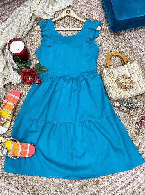 Women's Linen Cotton Teal Brunch Outfits With Ruffle Sleeves-Brunch Dress