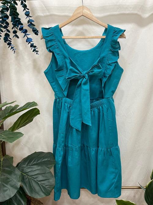 Women's Linen Cotton Teal Brunch Outfits With Ruffle Sleeves-Brunch Dress