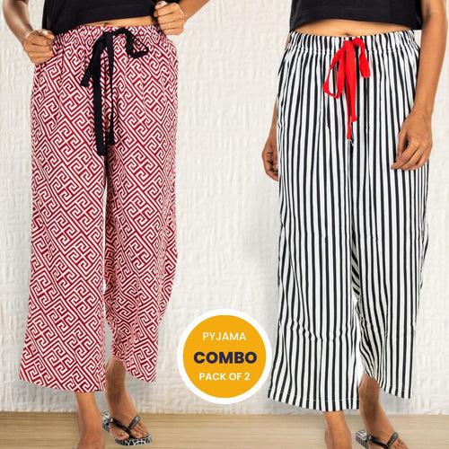 Women's Ankle Length Crepe Pyjama Combo (Pack of 2) - Black White Stripes & Greek Key Red