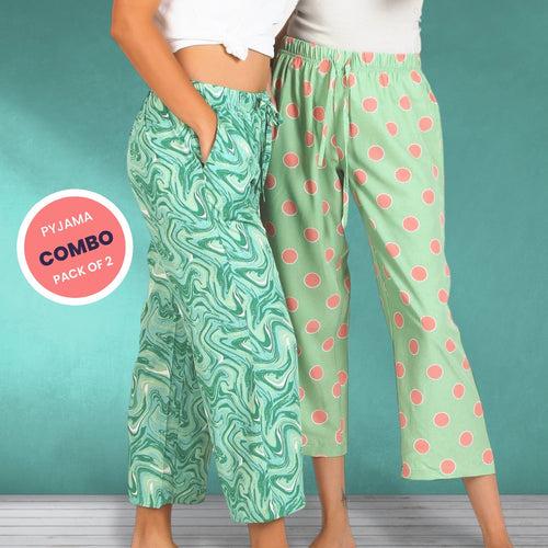 Women's Ankle Length Crepe Pyjama Combo (Pack of 2) - Spiral Jade-Polka Jade