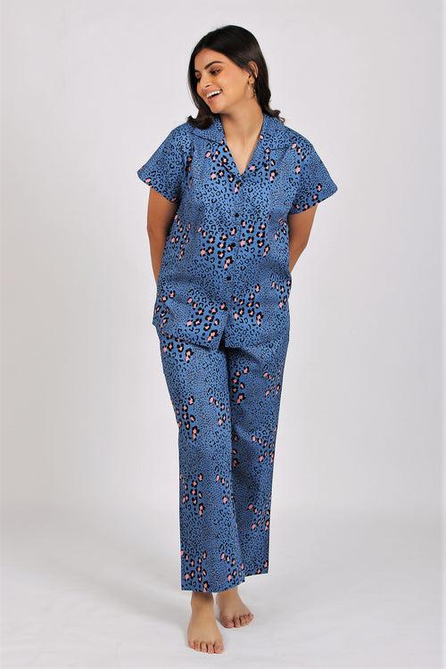 Women's Cotton Nightsuit - Leopard Blue