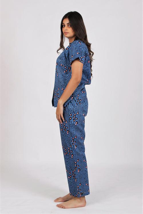 Women's Cotton Nightsuit - Leopard Blue