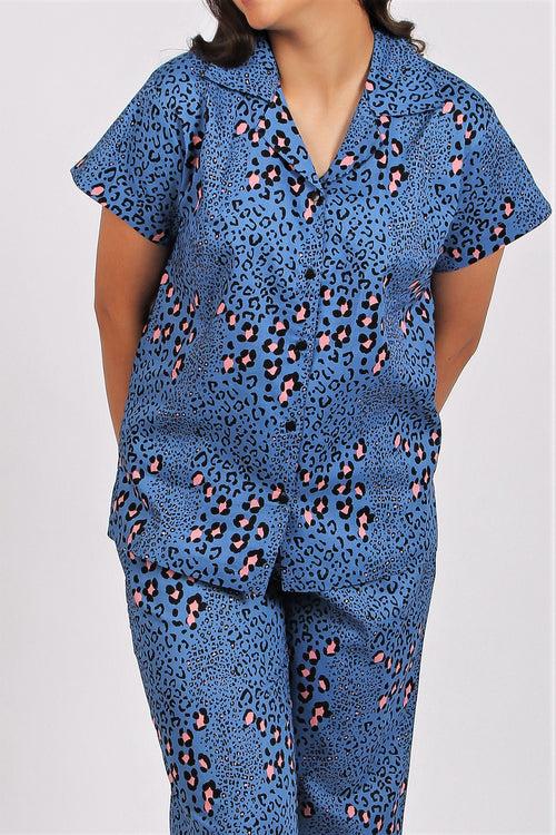 Women's Cotton Nightsuit - Leopard Blue