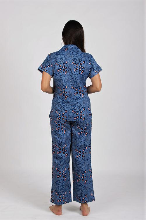 Women's Cotton Nightsuit - Leopard Blue