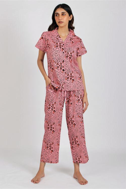 Women's Cotton Nightsuit - Leopard Pink