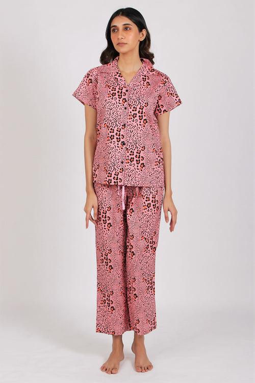 Women's Cotton Nightsuit - Leopard Pink