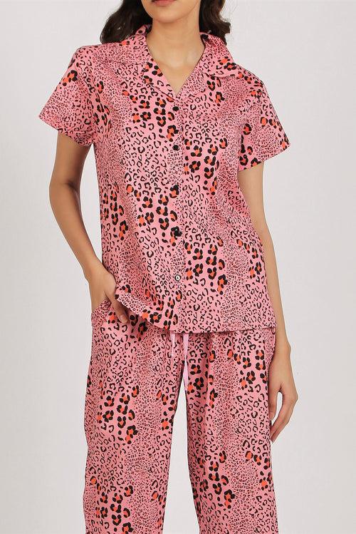 Women's Cotton Nightsuit - Leopard Pink