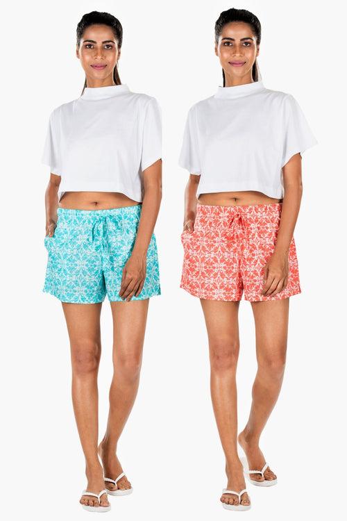 Women's Cotton Shorts Combo (Pack of 2) - Grind Mint Crimson