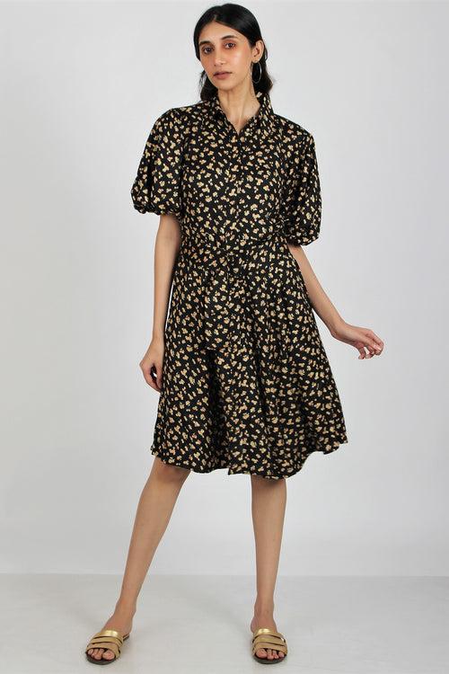 Women's Floral Midi Dress with Puffed Sleeves - Alpine