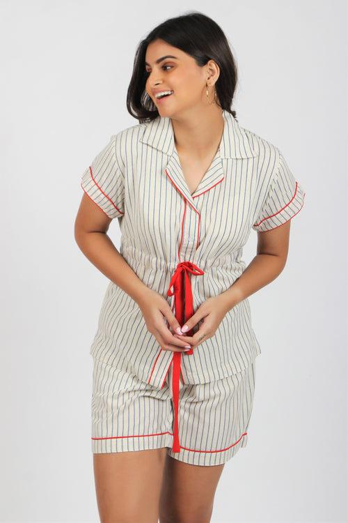 Women's Half Sleeves Shirt with Shorts Nightsuit - Ecru Navy Stripes