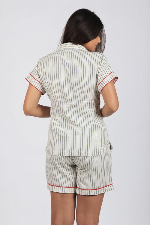 Women's Half Sleeves Shirt with Shorts Nightsuit - Ecru Navy Stripes