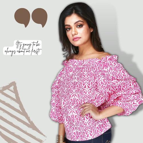 Women's Printed Off Shoulder Pink Casual Top