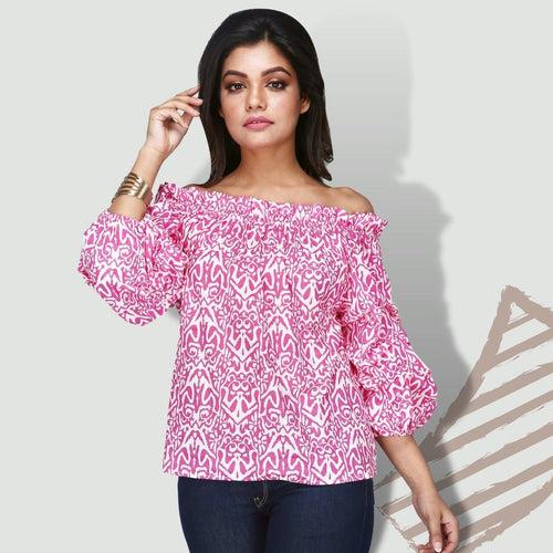 Women's Printed Off Shoulder Pink Casual Top