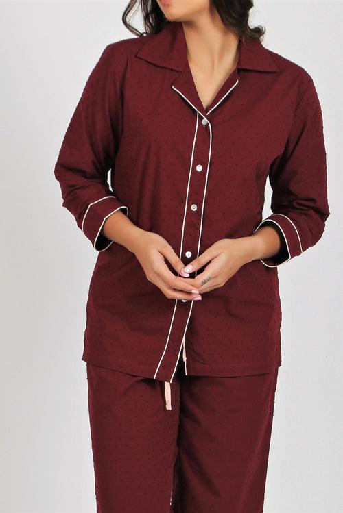 Women's Swiss Dot Maroon Nightsuit