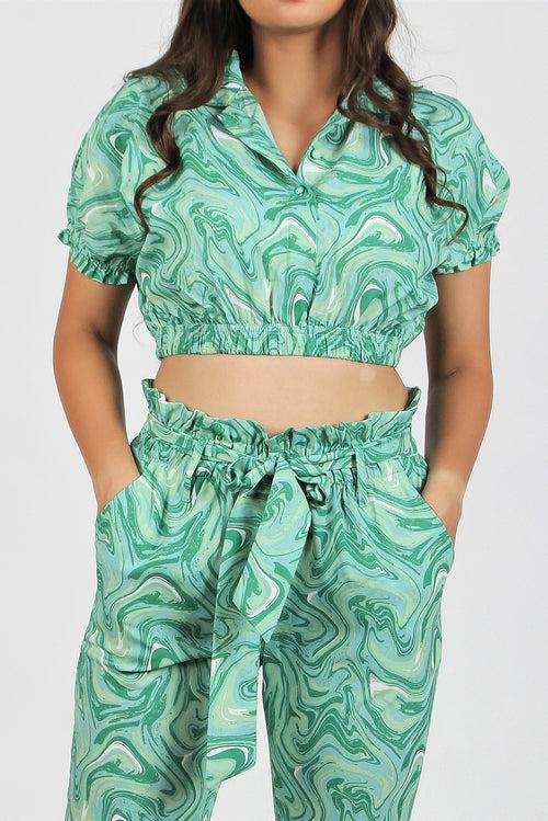 Womens Crop Top Co-ord Set - Spiral-Jade-Green