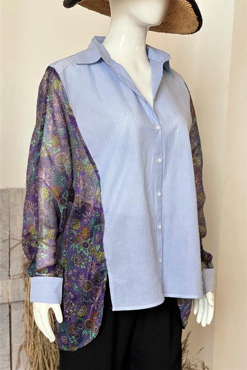 Womens Oversized Shirt with Floral Chiffon Sleeves