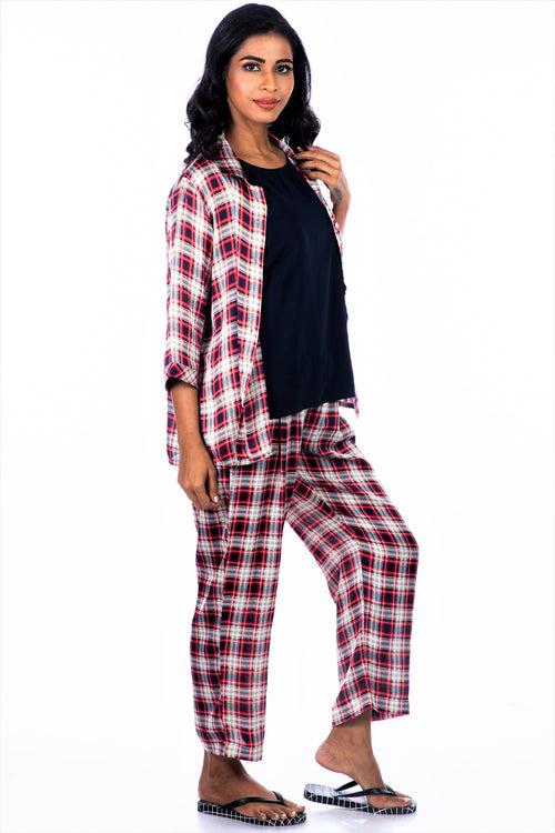 Women's Tartan Satin 3 Pcs Loungewear