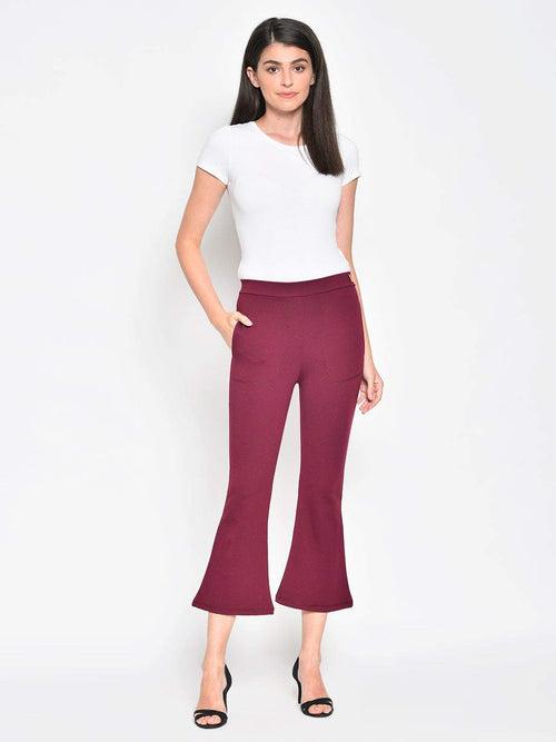 Hapuka Women's Slim Fit Bell Bottom Solid Maroon Jegging