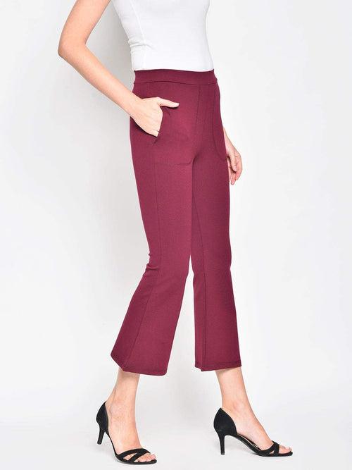 Hapuka Women's Slim Fit Bell Bottom Solid Maroon Jegging