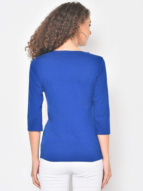 Hapuka Women's Slim Fit  Three-Quarter Sleeves  Royal Blue Cotton Solid T Shirt