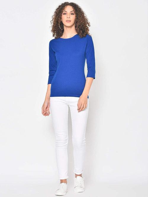 Hapuka Women's Slim Fit  Three-Quarter Sleeves  Royal Blue Cotton Solid T Shirt