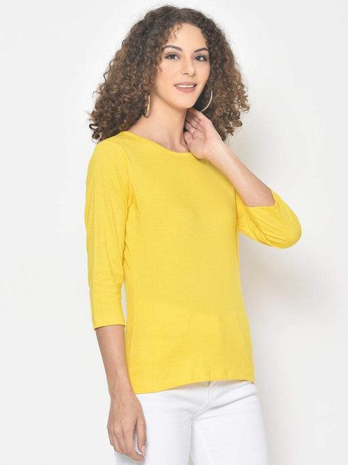 Hapuka Women's Slim Fit  Three-Quarter Sleeves  Yellow Cotton Solid T Shirt
