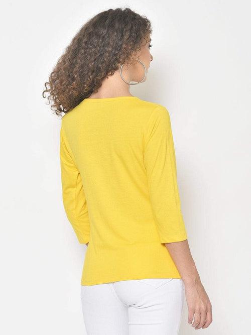 Hapuka Women's Slim Fit  Three-Quarter Sleeves  Yellow Cotton Solid T Shirt