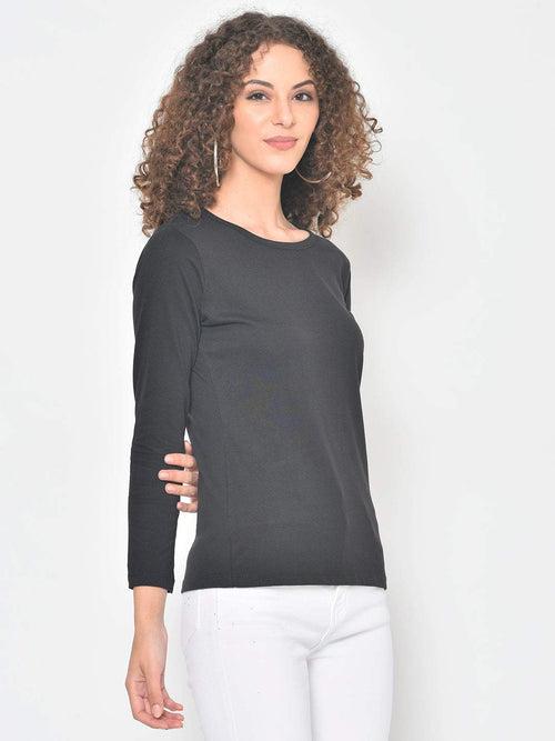 Hapuka Women's Slim Fit  Full Sleeves  Black Cotton Solid T Shirt