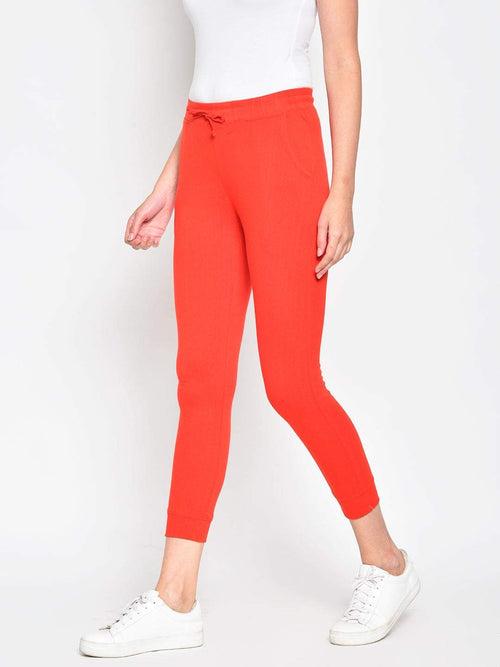 Hapuka Women's Red Cotton Solid Track Pant