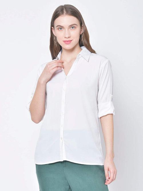 Hapuka Women White Solid  American Crepe Casual Shirt