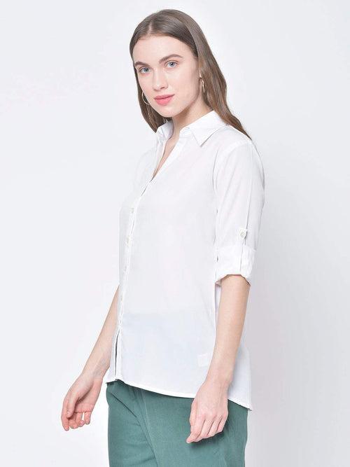 Hapuka Women White Solid  American Crepe Casual Shirt