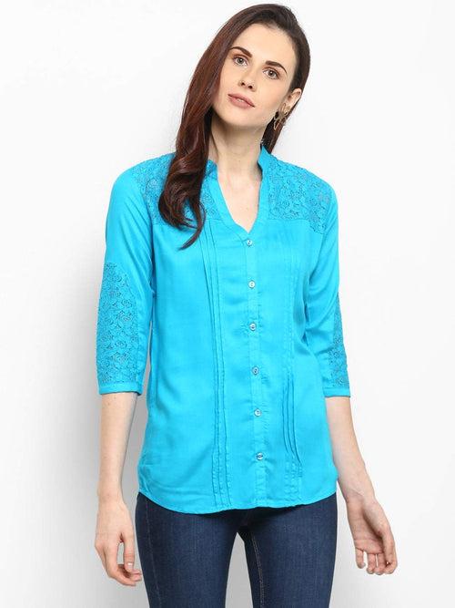 Hapuka Women Teal Blue Rayon Solid Top