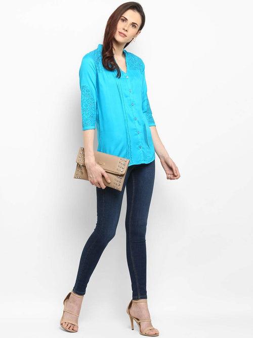 Hapuka Women Teal Blue Rayon Solid Top