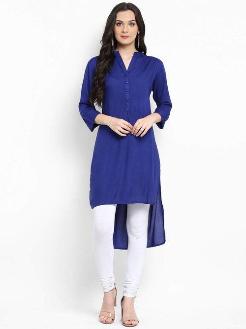 Hapuka Women's Slim Fit three-quarter sleeve  Rayon Solid High Low Kurta( Royal Blue/Black/ Blue/Red/ Mustard/5 color)