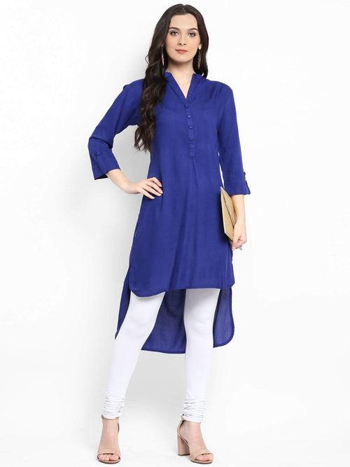 Hapuka Women's Slim Fit three-quarter sleeve  Rayon Solid High Low Kurta( Royal Blue/Black/ Blue/Red/ Mustard/5 color)