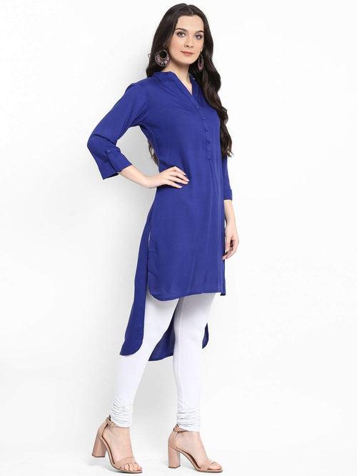 Hapuka Women's Slim Fit three-quarter sleeve  Rayon Solid High Low Kurta( Royal Blue/Black/ Blue/Red/ Mustard/5 color)