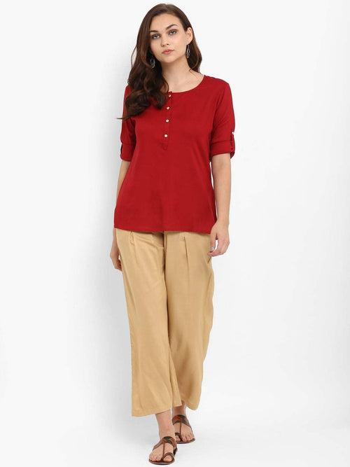 Hapuka Women's Slim Fit three-quarter sleeve  Maroon Rayon Solid  Top