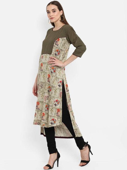 Hapuka Women Olive Floral Print A-Line Rayon Kurta