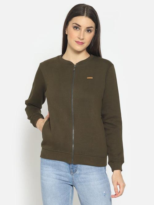 Hapuka Women Olive Fleece Front Zip Sweat Shirt