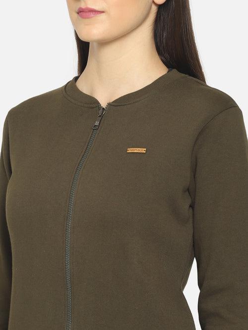 Hapuka Women Olive Fleece Front Zip Sweat Shirt